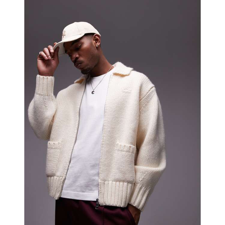 Lacoste logo zip cardigan in cream | ASOS