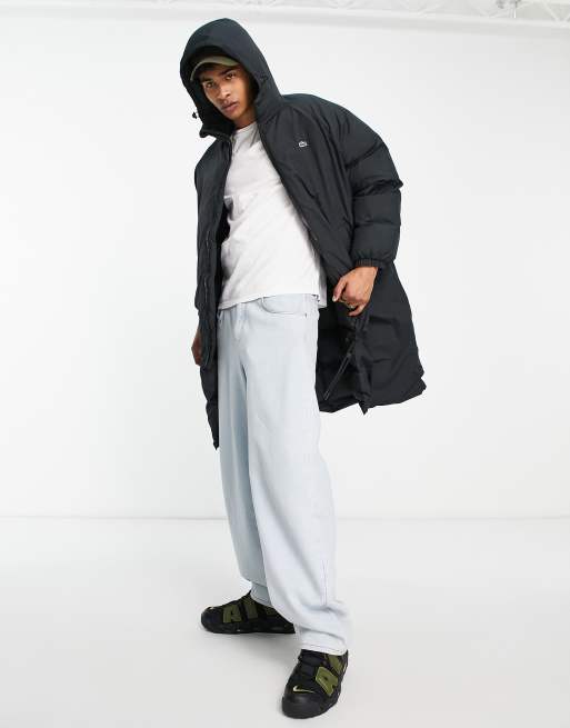 Lacoste long line back print puffer coat in black