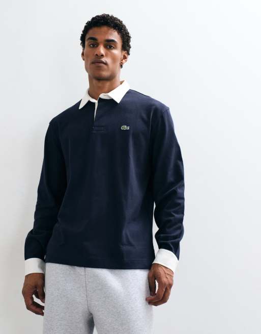 Lacoste long sleeve contrast collar rugby shirt in navy, 2 of 5
