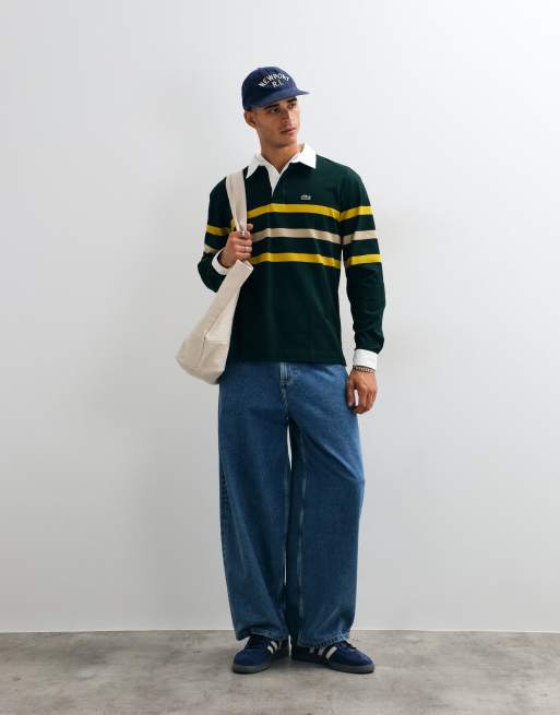 Lacoste long sleeve contrast collar stripe rugby shirt in green, 2 of 5