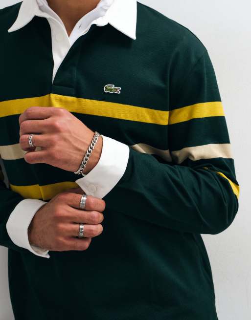 Lacoste long sleeve contrast collar stripe rugby shirt in green, 4 of 5