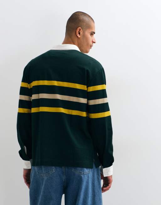 Lacoste long sleeve contrast collar stripe rugby shirt in green, 5 of 5
