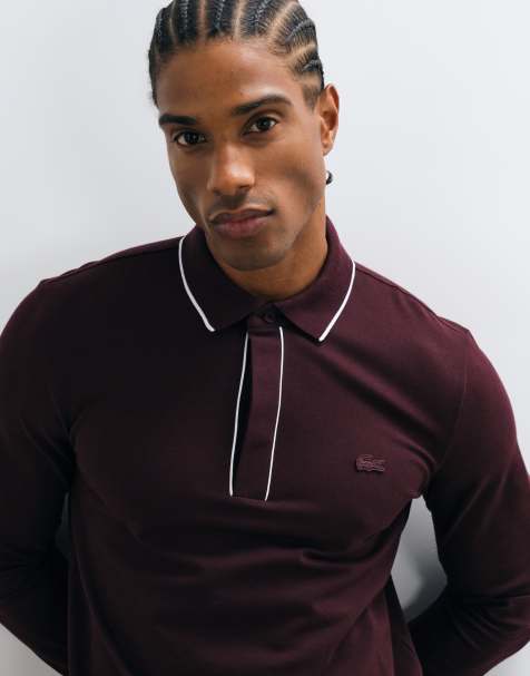 Lacoste long sleeve contrast polo in burgundy - view 1