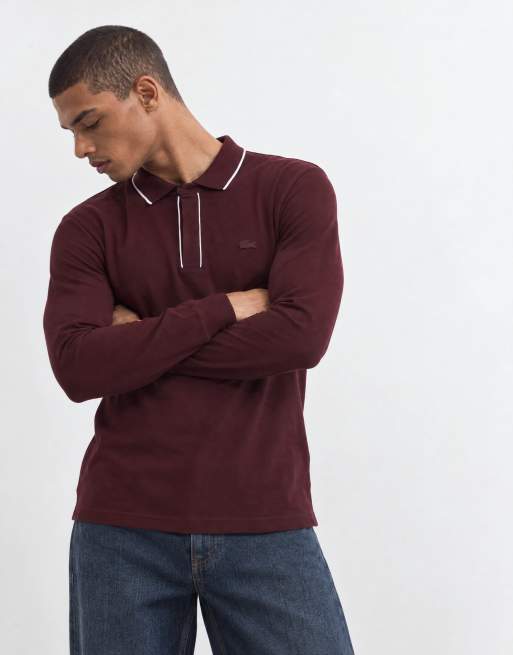 Lacoste long sleeve contrast polo in burgundy, 10 of 10