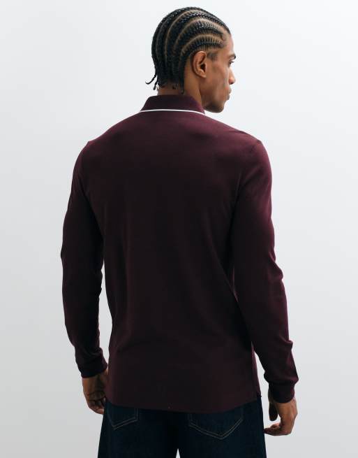 Lacoste long sleeve contrast polo in burgundy, 3 of 5