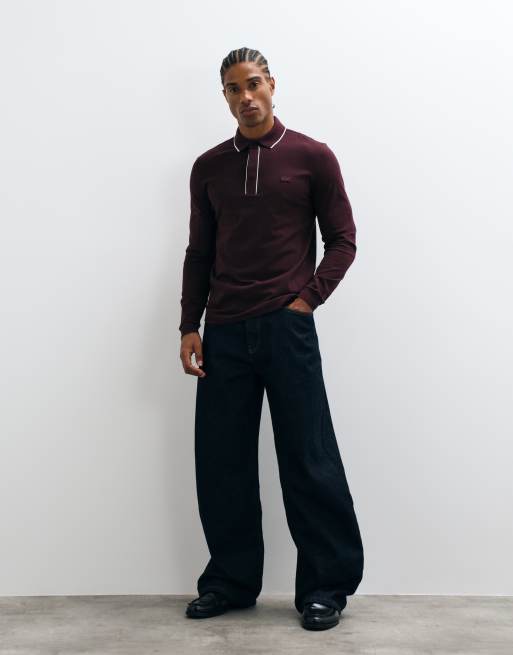 Lacoste long sleeve contrast polo in burgundy, 4 of 5