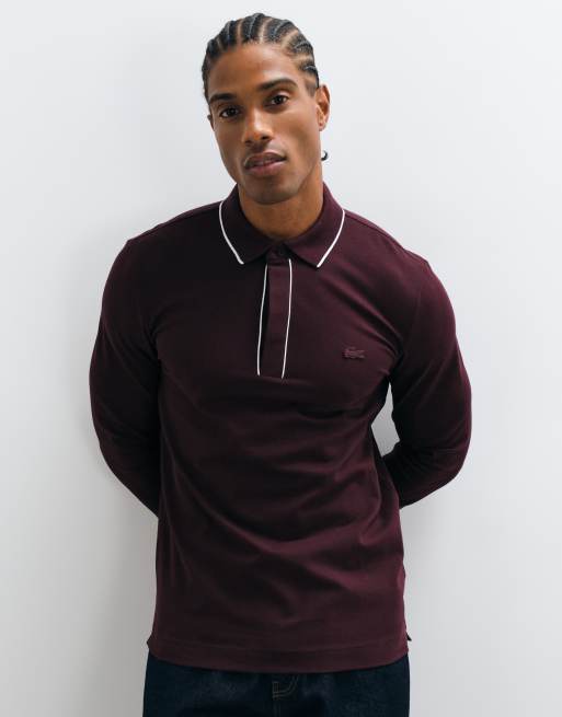 Lacoste long sleeve contrast polo in burgundy, 5 of 5