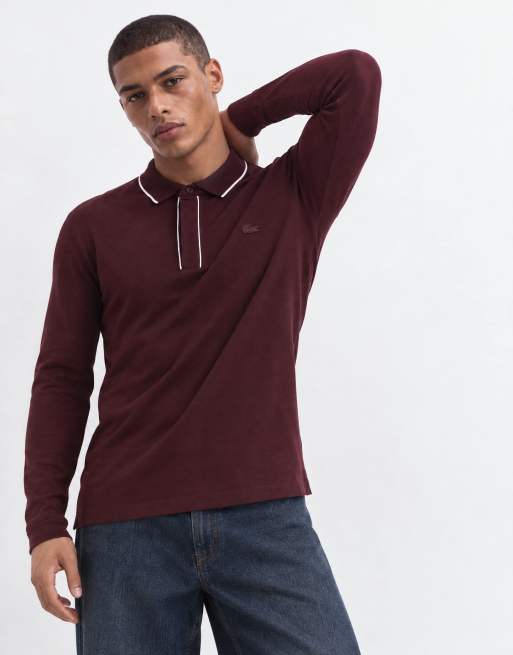 Lacoste long sleeve contrast polo in burgundy, 6 of 10