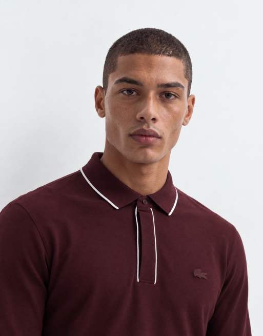 Lacoste long sleeve contrast polo in burgundy, 7 of 10