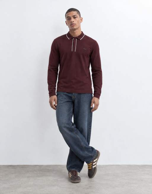 Lacoste long sleeve contrast polo in burgundy, 8 of 10