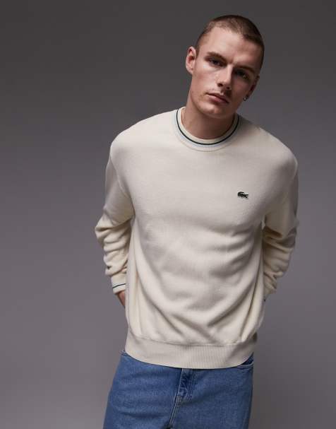 Lacoste long sleeve crew neck jumper in white with piping detail - view 1
