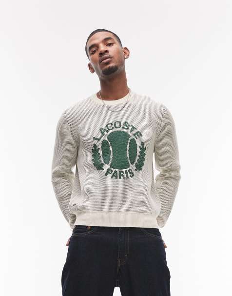 Lacoste long sleeve crewneck jumper in white with tennis emblem  - view 1