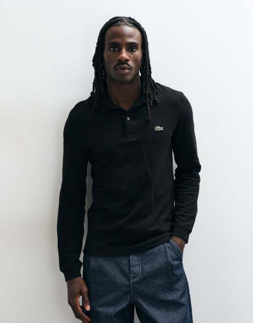 Lacoste long sleeve logo polo shirt in black, 3 of 5