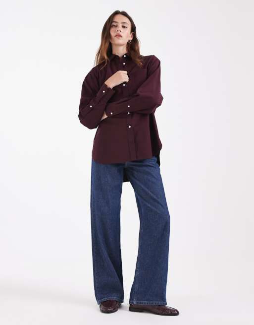 Lacoste long sleeve poplin shirt in burgundy, 3 of 4