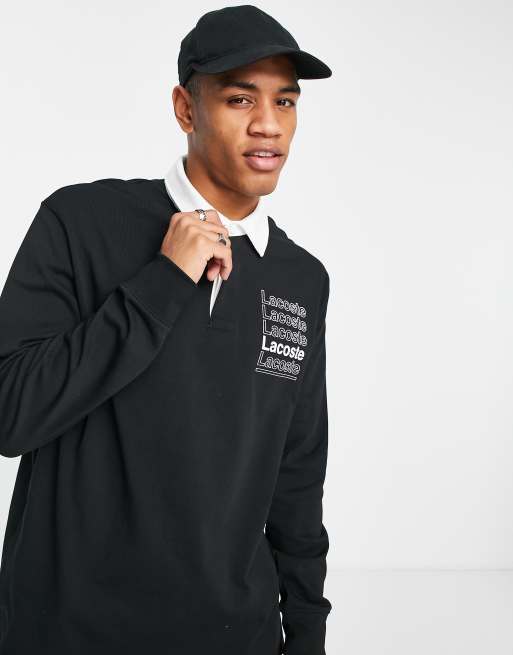 Lacoste long repeat logo rugby polo in black | ASOS