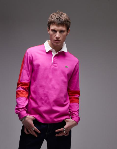Lacoste long sleeve rugby shirt in pink with red taping - view 1