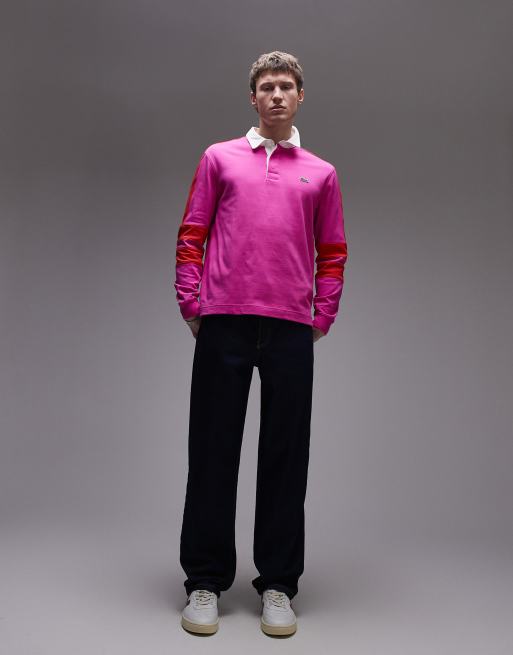 Lacoste long sleeve rugby shirt in pink with red taping