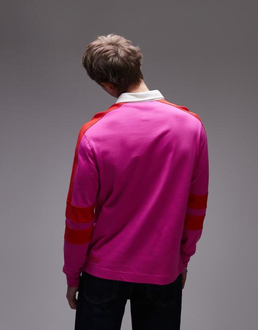 Lacoste long sleeve rugby shirt in pink with red taping