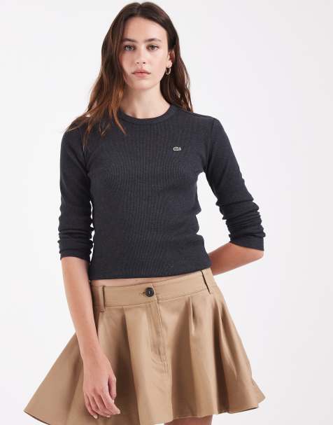 lacoste long sleeve slim fit ribbed cotton t-shirt in dark grey