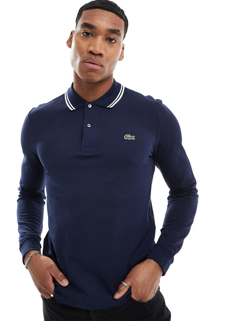 Lacoste long sleeve tipped polo shirt in navy