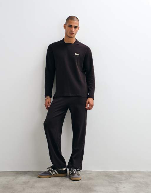 Lacoste long sleeve waffle co-ord croc logo loungewear t-shirt in brown , 2 of 5