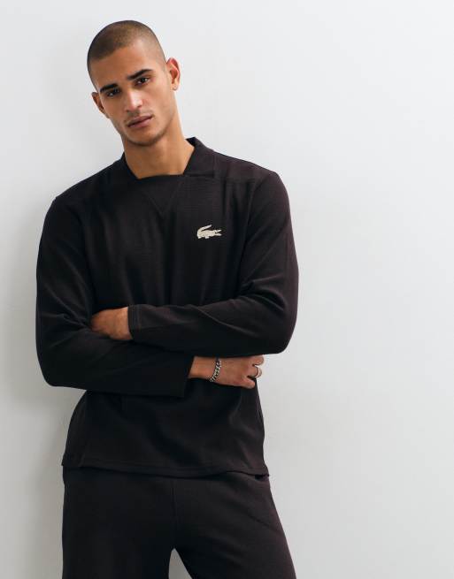 Lacoste long sleeve waffle co-ord croc logo loungewear t-shirt in brown , 3 of 5