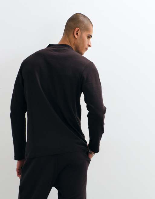 Lacoste long sleeve waffle co-ord croc logo loungewear t-shirt in brown , 4 of 5