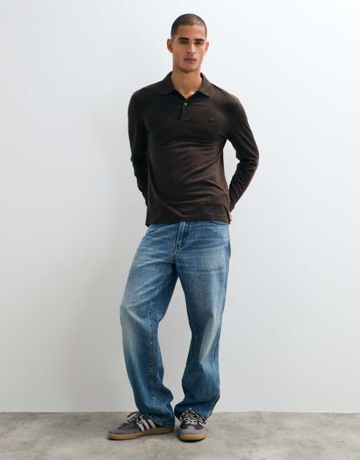 Lacoste long sleeve wool blend polo shirt in brown , 3 of 5