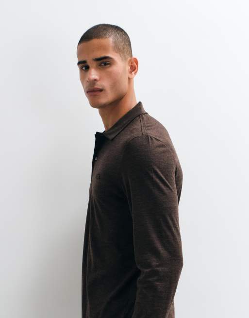 Lacoste long sleeve wool blend polo shirt in brown , 4 of 5