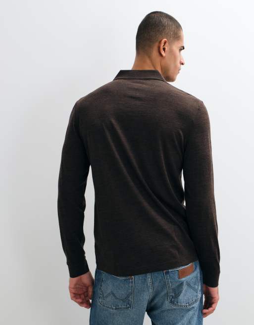 Lacoste long sleeve wool blend polo shirt in brown , 5 of 5
