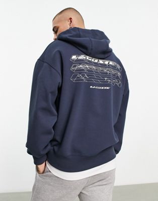 Lacoste loose fit 1/4 zip hoodie in navy with back graphics