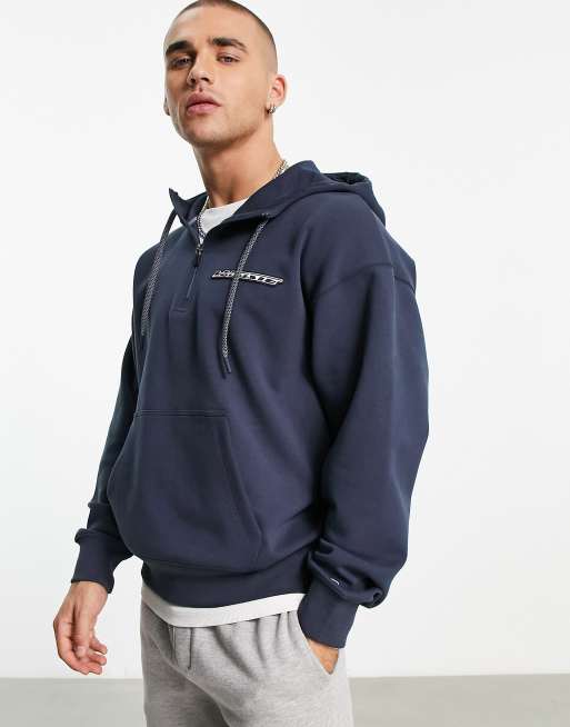Lacoste loose fit 1/4 zip hoodie in navy with back graphics | ASOS