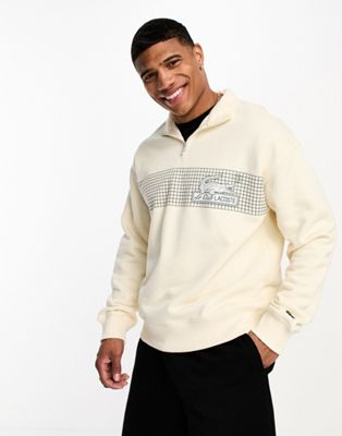 Lacoste loose fit 1/4 zip sweatshirt in off white with front graphics