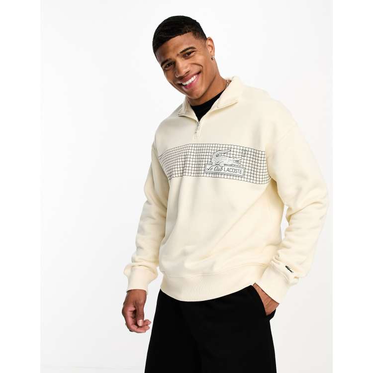 Lacoste loose fit 1/4 zip sweatshirt in off white with front