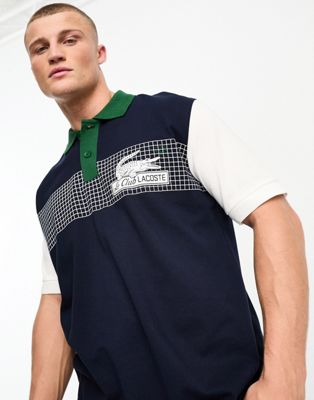 Lacoste loose fit colour block polo shirt in navy with front graphics