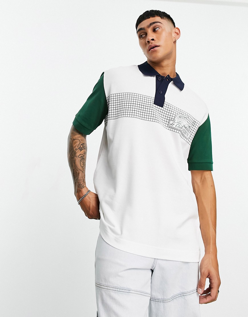 Lacoste loose fit colour block polo shirt in off white with front graphics