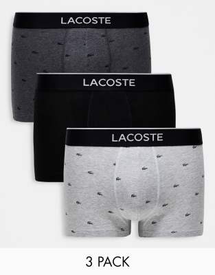 Lacoste 3 pack trunks in black and grey with all over logo - ASOS Price Checker