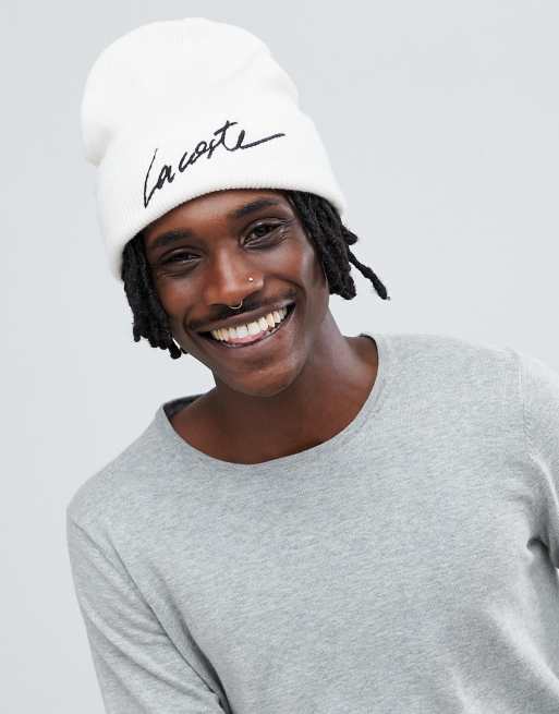 Lacoste L VE Beanie met tekstlogo in wit