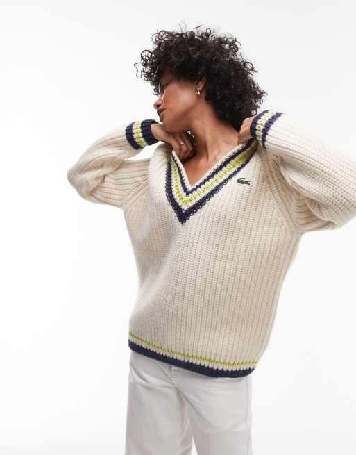 Lacoste - Maglione con scollo a V a righe, colore panna 