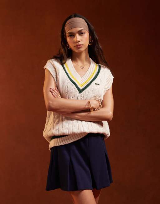 Lacoste - Maglione stile cricket lavorato a trecce spesse color crema