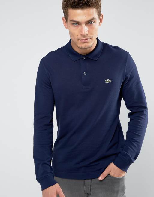 Lacoste - Marineblå polo af piqué i slim fit med lange ærmer