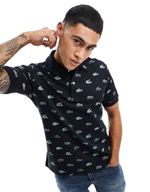 Lacoste - Marineblå poloskjorte med gentaget logoprint