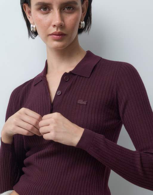 Lacoste merino rib knit long sleeve polo in burgundy , 2 of 4