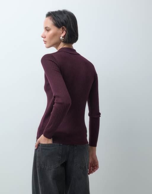 Lacoste merino rib knit long sleeve polo in burgundy , 4 of 4