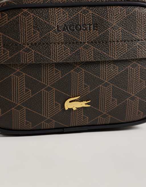 Lacoste mono logo print reporter bag in brown, 3 of 4