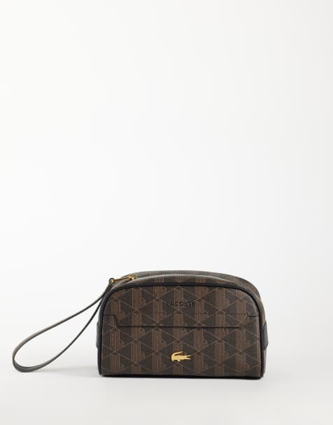 Lacoste mono logo print washbag in brown - view 1