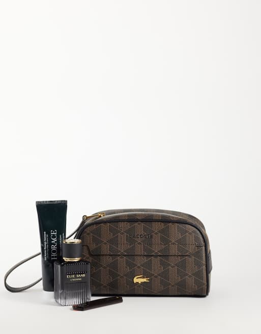 Lacoste mono logo print washbag in brown, 2 of 4