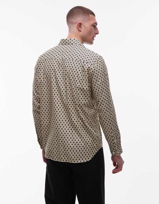 Lacoste monogram print satin shirt in beige, 3 of 5