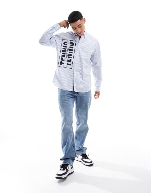 Lacoste - Overhemd met heritage logo en lange mouwen in wit en blauw, 2 van 4