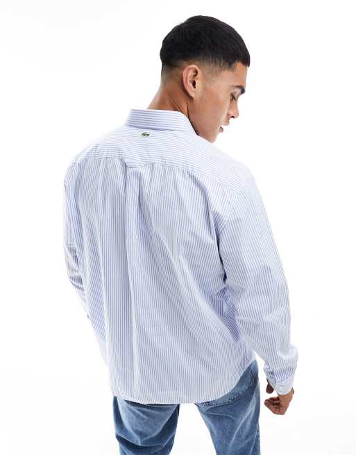 Lacoste - Overhemd met heritage logo en lange mouwen in wit en blauw, 4 van 4